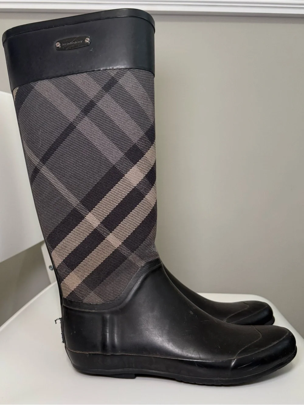 Burberry Black and Beige Plaid Over-the-Knee Rain Boots